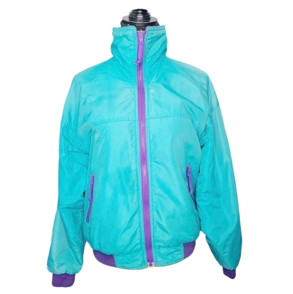 Vintage 90s Teal Purple Puffy Nylon Ski Snow Winter Reversible Fleece Jacket - Picture 1 of 16